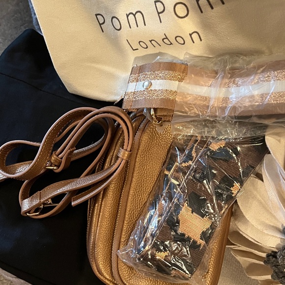 Gold Pebbled Crossbody Bag with Pom Pom - Picture 2 of 7